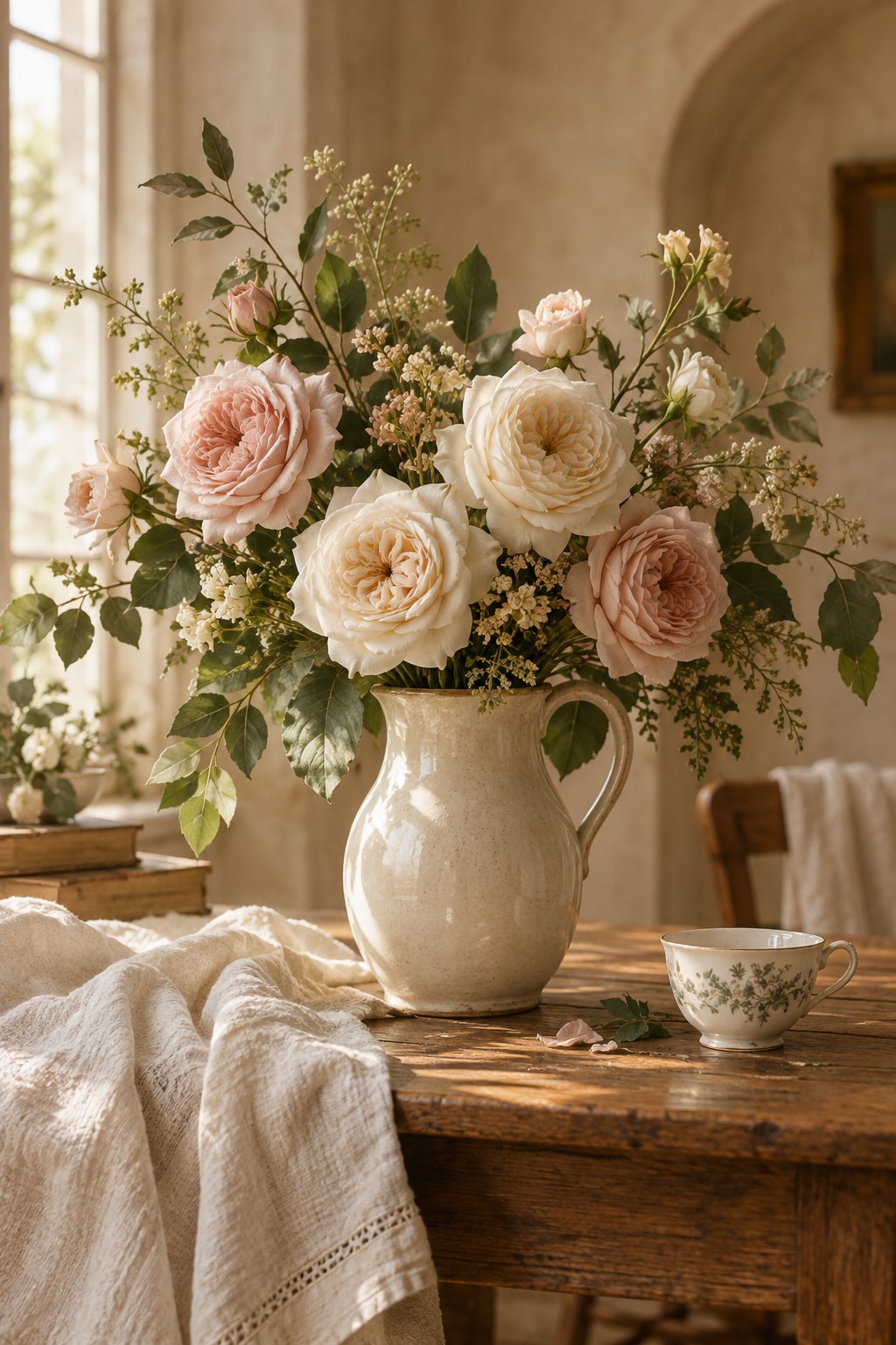 Blush and ivory garden roses in a ceramic pitcher beside a teacup, in warm window light